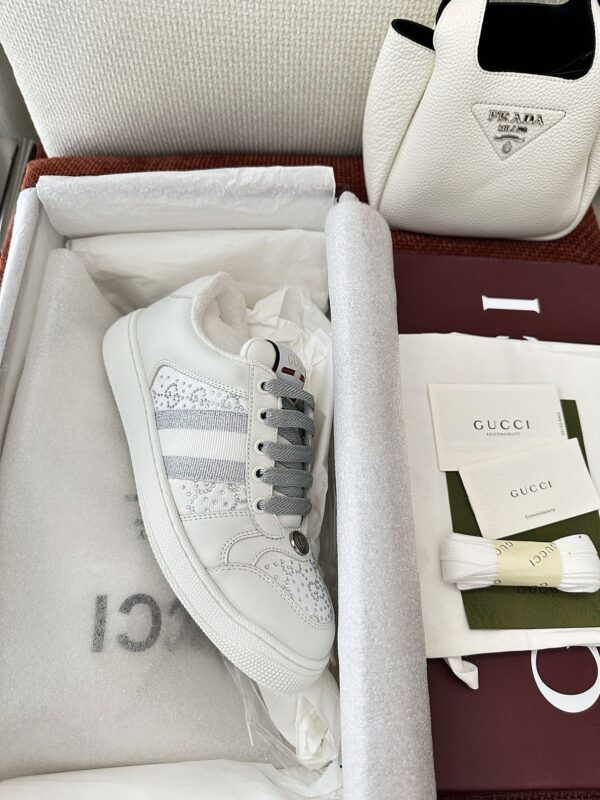 sy_no_9A265DBE522259817CB089E79306021A_2 Gucci Screener Crystal Embellished White Leather Sneaker with Silver Web Stripe