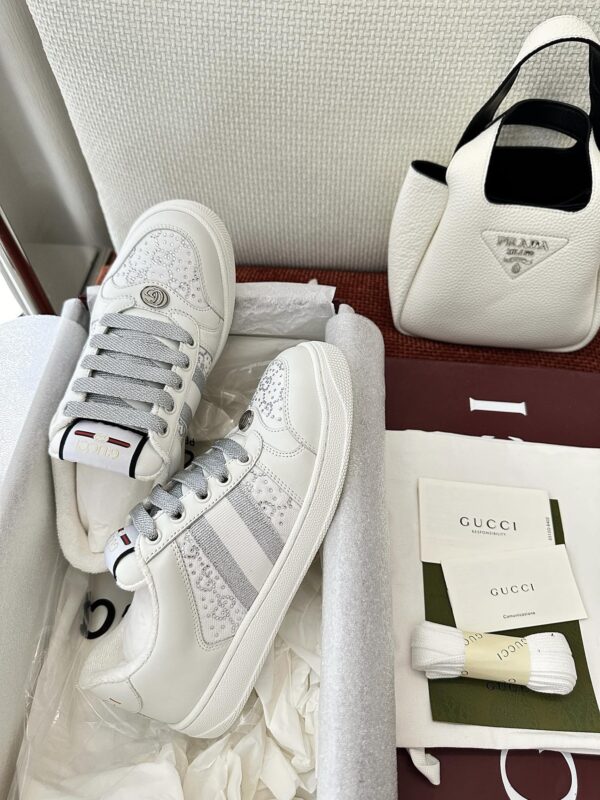 sy_no_9A265DBE522259817CB089E79306021A_3 Gucci Screener Crystal Embellished White Leather Sneaker with Silver Web Stripe