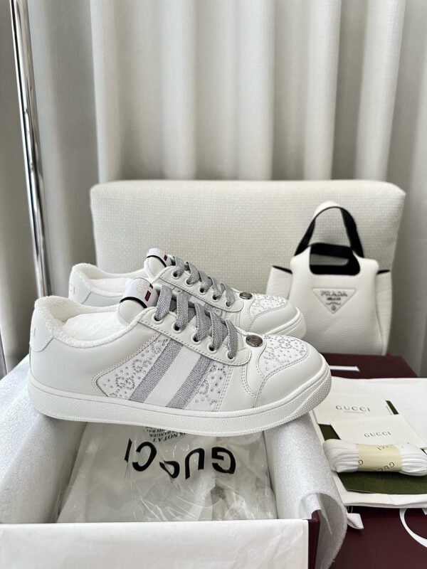 sy_no_9A265DBE522259817CB089E79306021A_4 Gucci Screener Crystal Embellished White Leather Sneaker with Silver Web Stripe