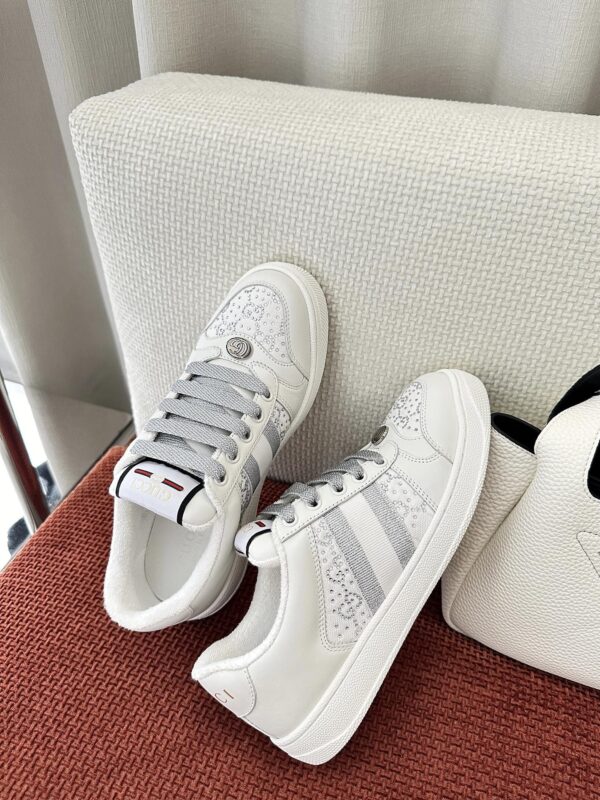 sy_no_9A265DBE522259817CB089E79306021A_5 Gucci Screener Crystal Embellished White Leather Sneaker with Silver Web Stripe