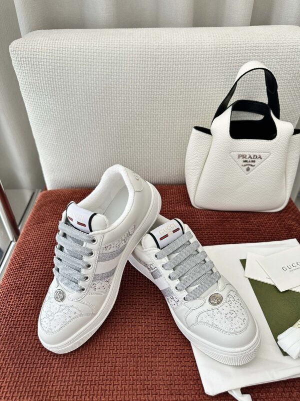 sy_no_9A265DBE522259817CB089E79306021A_6 Gucci Screener Crystal Embellished White Leather Sneaker with Silver Web Stripe