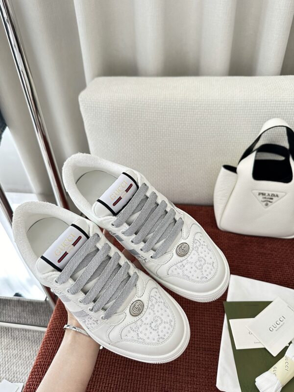 sy_no_9A265DBE522259817CB089E79306021A_7 Gucci Screener Crystal Embellished White Leather Sneaker with Silver Web Stripe