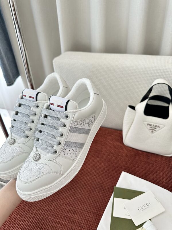 sy_no_9A265DBE522259817CB089E79306021A_8 Gucci Screener Crystal Embellished White Leather Sneaker with Silver Web Stripe