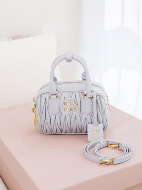 Miu Miu Arcadie Matelassé Small Bowling Bag – Pearl Gray