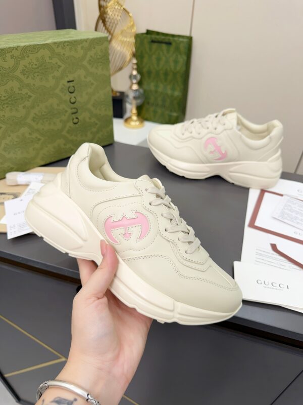 sy_no_9EFA72A7EEB388FAAA6FE9B6494A48B3_0 Gucci Rhyton Leather Sneaker in Off-White with Pink Interlocking G Logo