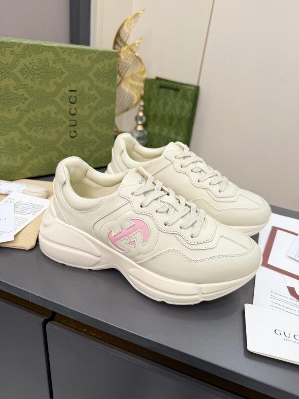 sy_no_9EFA72A7EEB388FAAA6FE9B6494A48B3_1 Gucci Rhyton Leather Sneaker in Off-White with Pink Interlocking G Logo