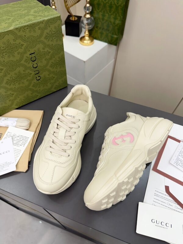 sy_no_9EFA72A7EEB388FAAA6FE9B6494A48B3_3 Gucci Rhyton Leather Sneaker in Off-White with Pink Interlocking G Logo