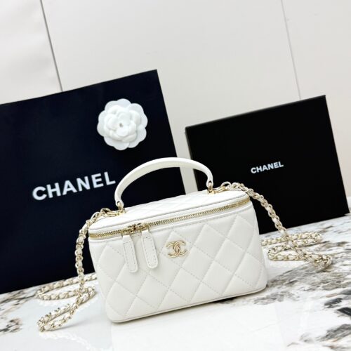 Chanel Vanity Case with Handle – Quilted Lambskin Chain Bag (White)