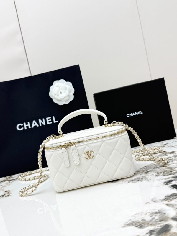 Chanel Vanity Case with Handle – Quilted Lambskin Chain Bag (White)