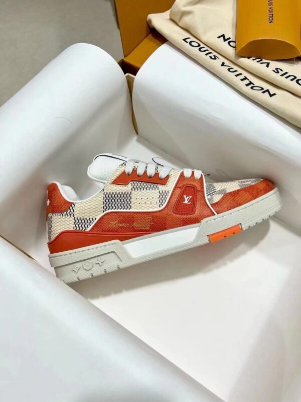 sy_no_A7BE6C7B86F7B9DFD4620A2CFF04BB0E_5 Louis Vuitton LV Trainer Orange Damier Canvas & White Leather Retro Sneakers