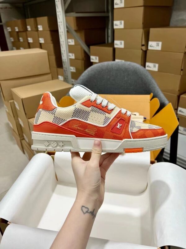 sy_no_A7BE6C7B86F7B9DFD4620A2CFF04BB0E_6 Louis Vuitton LV Trainer Orange Damier Canvas & White Leather Retro Sneakers