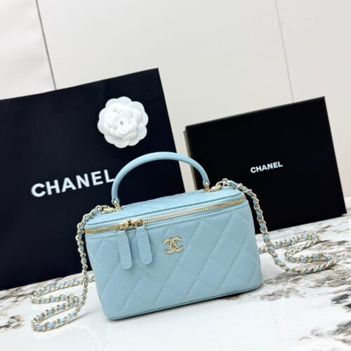 Chanel Vanity Case with Handle – Quilted Lambskin Chain Bag (Blue)
