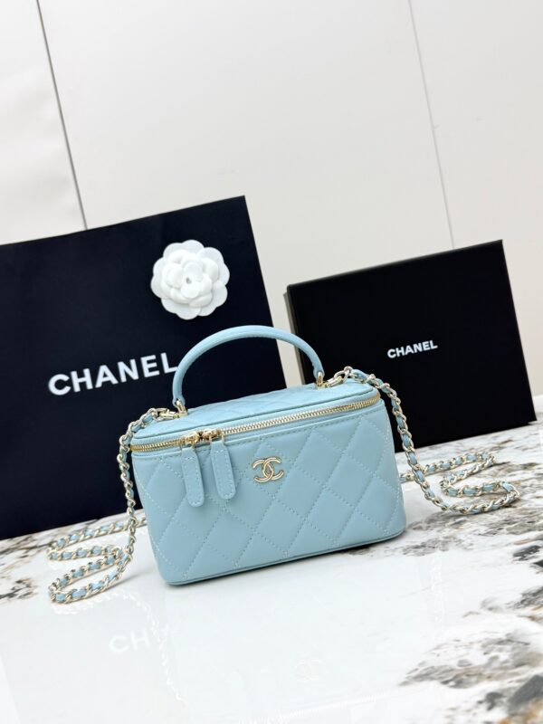 Chanel Vanity Case with Handle – Quilted Lambskin Chain Bag (Blue)