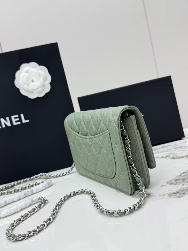sy_no_A9EC87F09DFE8D767A5EF0908121ADEF_1 Green Quilted Textured Calfskin WOC Chain Wallet
