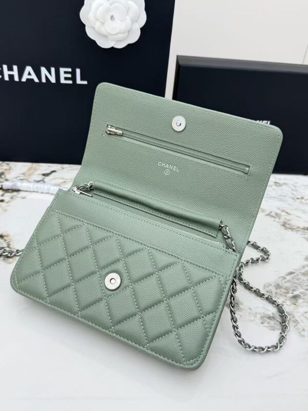 sy_no_A9EC87F09DFE8D767A5EF0908121ADEF_5 Green Quilted Textured Calfskin WOC Chain Wallet