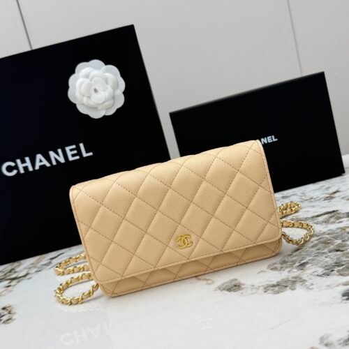 Light Beige Apricot Quilted Textured Calfskin WOC Chain Wallet