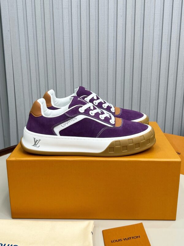 sy_no_AA3AD4D49832A4B1D0B0F43CB92B1ECA_0 Louis Vuitton LV Checker Purple Suede & Tan Leather Retro Sneakers