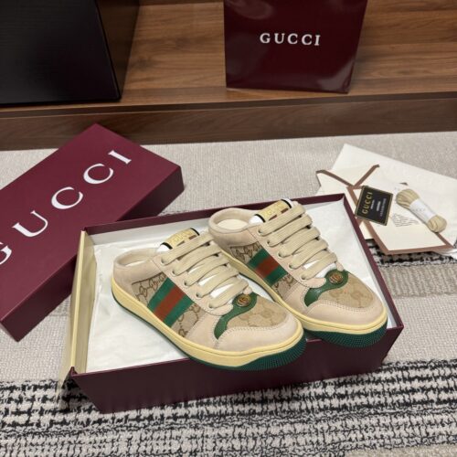 sy_no_AA7EA031AF57B1F32AB5C651DD07542E_0 Gucci Screener Beige GG Canvas Suede Backless Sneaker / Mule