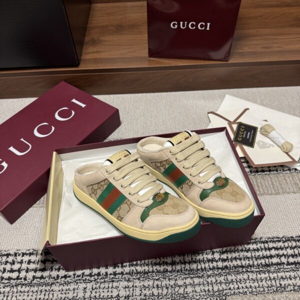 sy_no_AA7EA031AF57B1F32AB5C651DD07542E_0 Gucci Screener Beige GG Canvas Suede Backless Sneaker / Mule