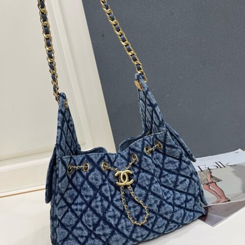 Chanel Blue Washed Denim Quilted Double-C Pendant Drawstring Hobo Bag