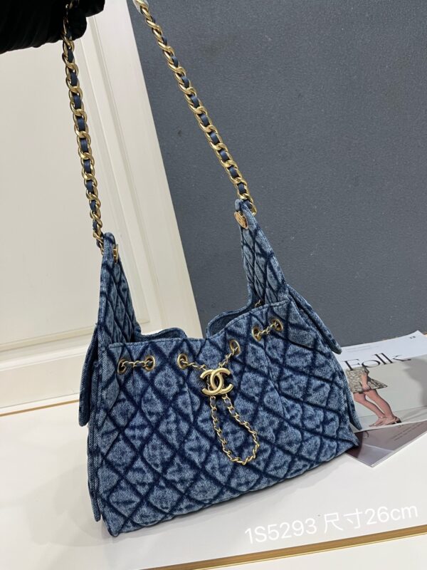 Chanel Blue Washed Denim Quilted Double-C Pendant Drawstring Hobo Bag