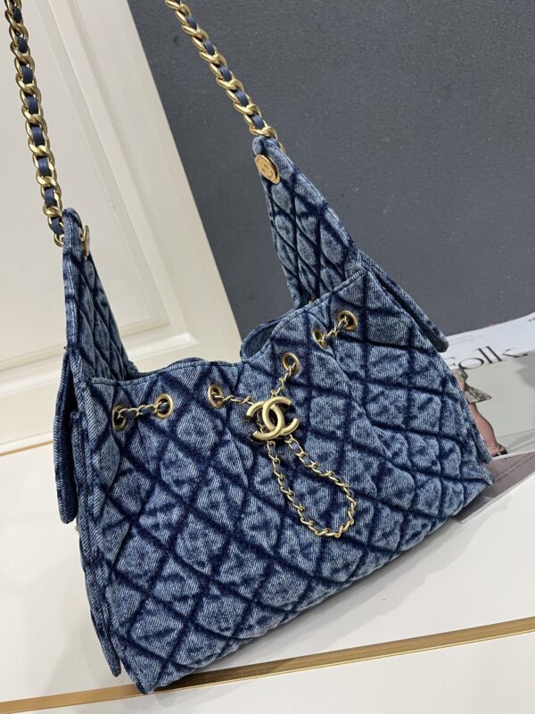 Chanel Blue Washed Denim Quilted Double-C Pendant Drawstring Hobo Bag
