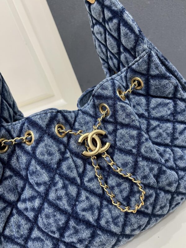 Chanel Blue Washed Denim Quilted Double-C Pendant Drawstring Hobo Bag