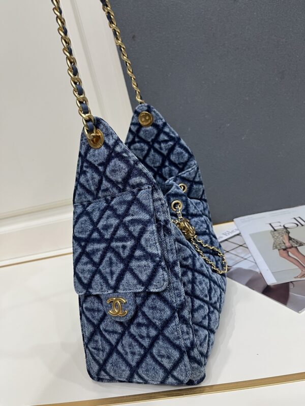 Chanel Blue Washed Denim Quilted Double-C Pendant Drawstring Hobo Bag