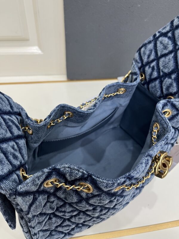 Chanel Blue Washed Denim Quilted Double-C Pendant Drawstring Hobo Bag