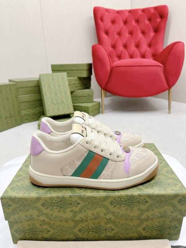 Gucci Screener GG Canvas & Beige Suede Sneaker with Lavender Accents & Green/Orange Web