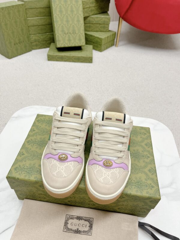 Gucci Screener GG Canvas & Beige Suede Sneaker with Lavender Accents & Green/Orange Web