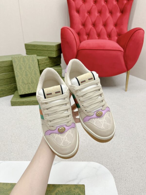 Gucci Screener GG Canvas & Beige Suede Sneaker with Lavender Accents & Green/Orange Web