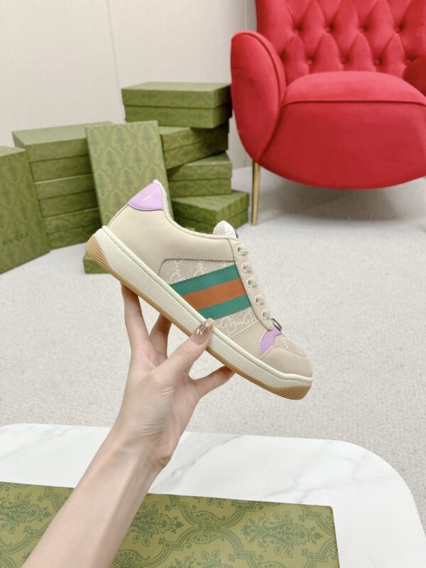 Gucci Screener GG Canvas & Beige Suede Sneaker with Lavender Accents & Green/Orange Web
