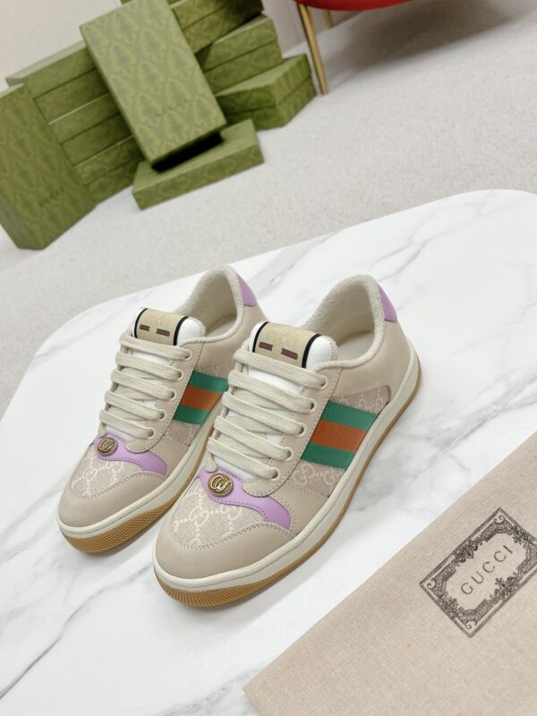 Gucci Screener GG Canvas & Beige Suede Sneaker with Lavender Accents & Green/Orange Web