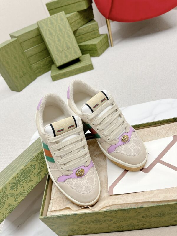 Gucci Screener GG Canvas & Beige Suede Sneaker with Lavender Accents & Green/Orange Web