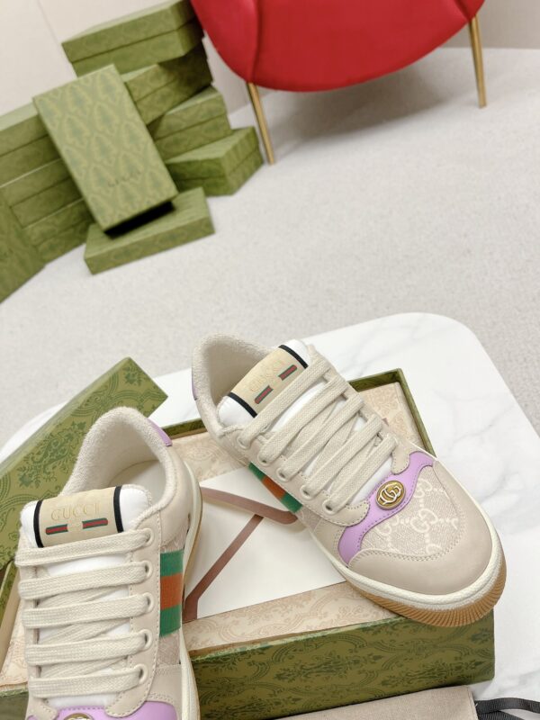 Gucci Screener GG Canvas & Beige Suede Sneaker with Lavender Accents & Green/Orange Web