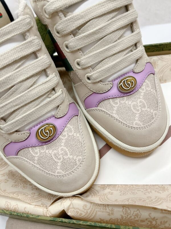 Gucci Screener GG Canvas & Beige Suede Sneaker with Lavender Accents & Green/Orange Web