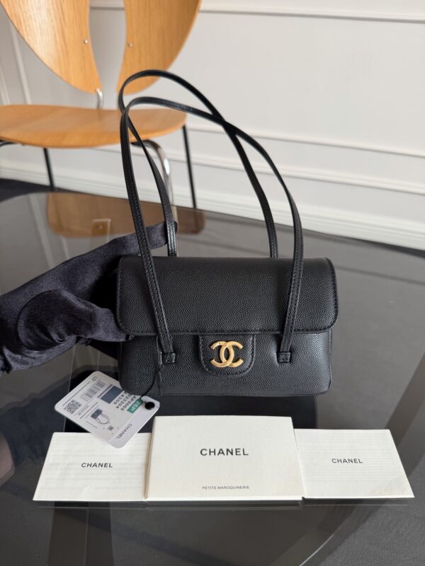 Chanel Long Flap Bag with Handle (Caviar-grained calfskin) / "Prey Coco" / Underarm Shoulder Bag / Small Rectangular Bag / Handbag