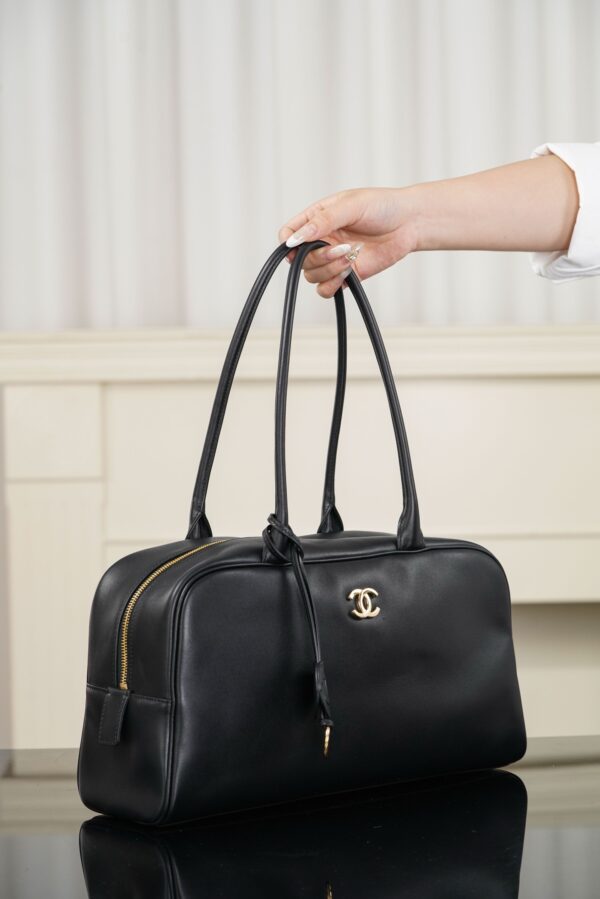 CHANEL Women's Large Bowling Bag (26S) – Black Calfskin with Gold Logo (Spring/Summer 2026 New Arrival)