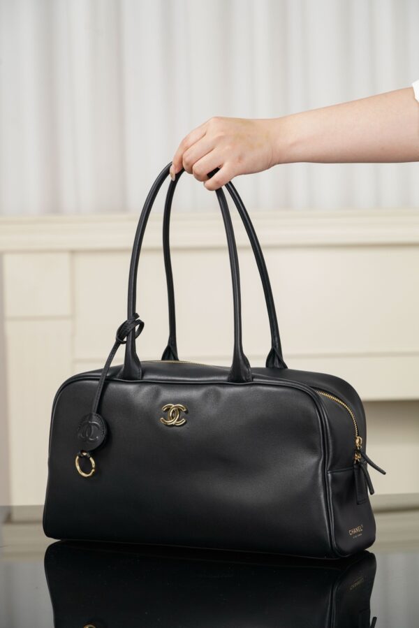 CHANEL Women's Large Bowling Bag (26S) – Black Calfskin with Gold Logo (Spring/Summer 2026 New Arrival)