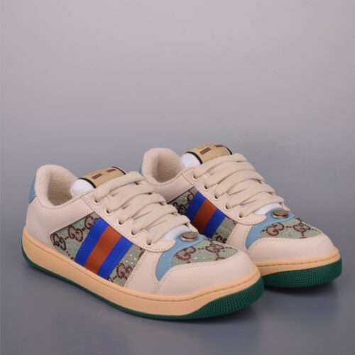 sy_no_B56EA75B25920C97684123EAD525ACA8_0 Gucci Screener GG Canvas & Beige Leather Sneaker with Blue/Orange Web Stripe