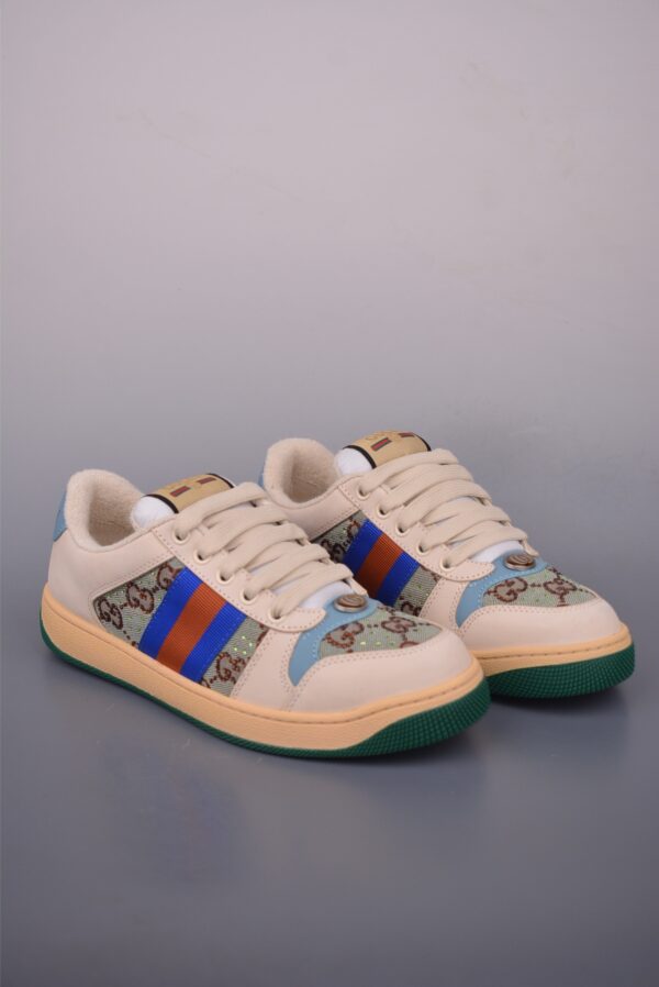 sy_no_B56EA75B25920C97684123EAD525ACA8_0 Gucci Screener GG Canvas & Beige Leather Sneaker with Blue/Orange Web Stripe