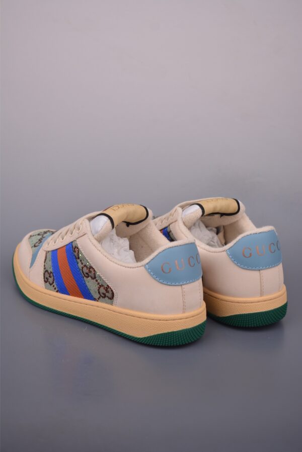 sy_no_B56EA75B25920C97684123EAD525ACA8_1 Gucci Screener GG Canvas & Beige Leather Sneaker with Blue/Orange Web Stripe