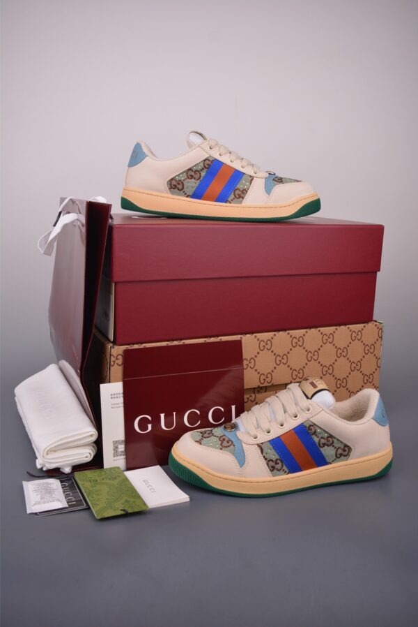 sy_no_B56EA75B25920C97684123EAD525ACA8_4 Gucci Screener GG Canvas & Beige Leather Sneaker with Blue/Orange Web Stripe
