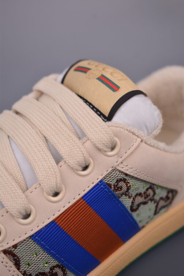 sy_no_B56EA75B25920C97684123EAD525ACA8_6 Gucci Screener GG Canvas & Beige Leather Sneaker with Blue/Orange Web Stripe