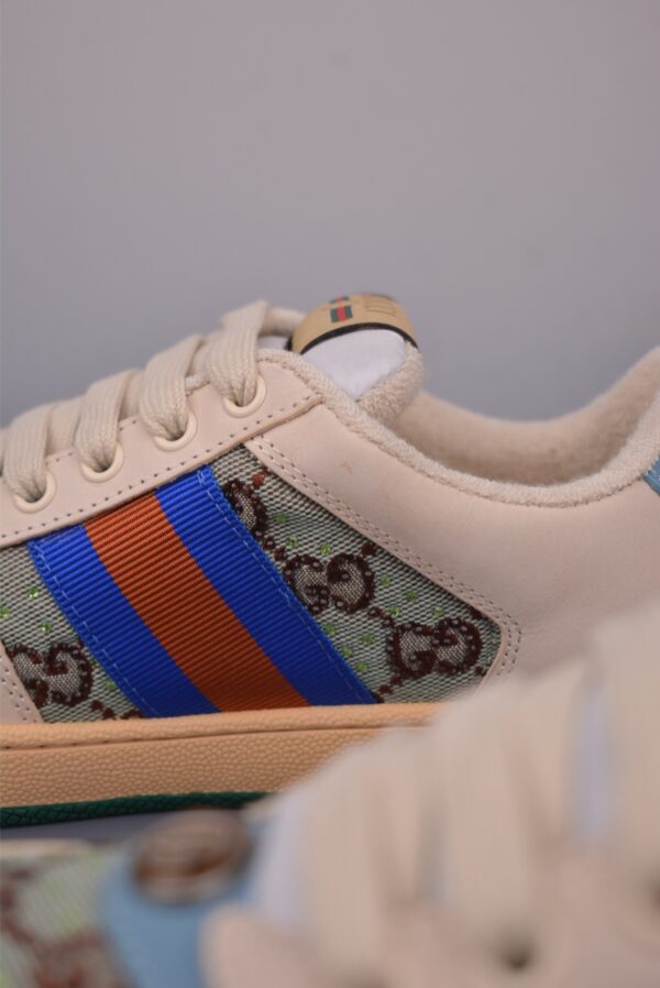 sy_no_B56EA75B25920C97684123EAD525ACA8_7 Gucci Screener GG Canvas & Beige Leather Sneaker with Blue/Orange Web Stripe