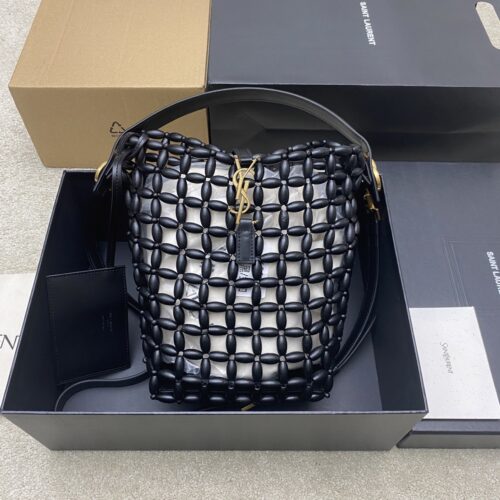 sy_no_B7A2B8A6C4749E53B8FFBFF11E4306B3_0 YSL Black Wood Bead Woven Bucket Bag