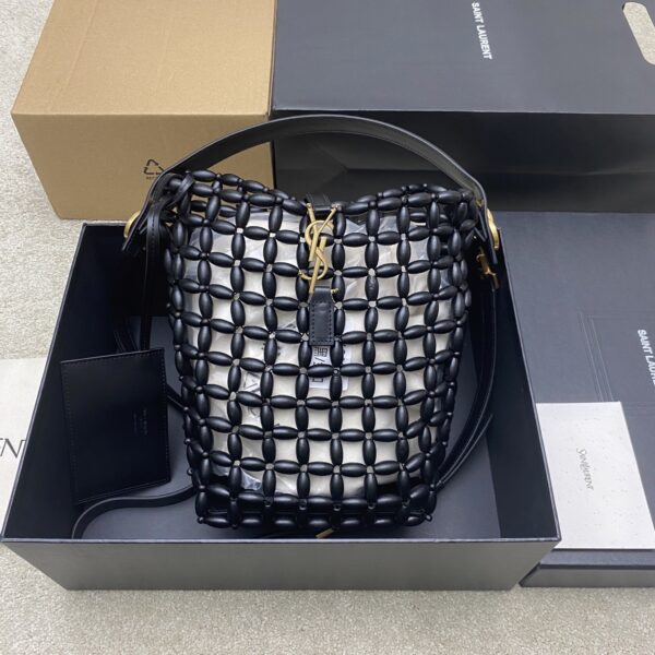 sy_no_B7A2B8A6C4749E53B8FFBFF11E4306B3_0 YSL Black Wood Bead Woven Bucket Bag