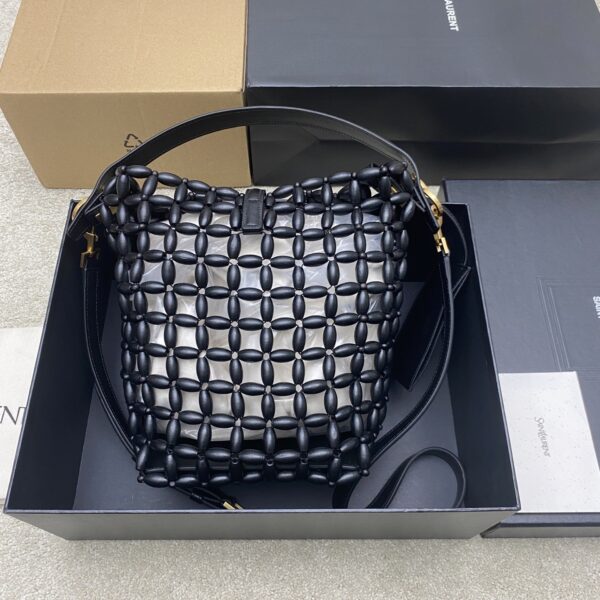 sy_no_B7A2B8A6C4749E53B8FFBFF11E4306B3_1 YSL Black Wood Bead Woven Bucket Bag