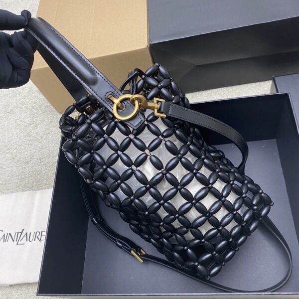 sy_no_B7A2B8A6C4749E53B8FFBFF11E4306B3_2 YSL Black Wood Bead Woven Bucket Bag